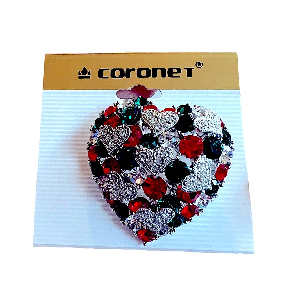 Vintage Christmas Heart Rhinestone Red & Green Crystal Brooch Pin